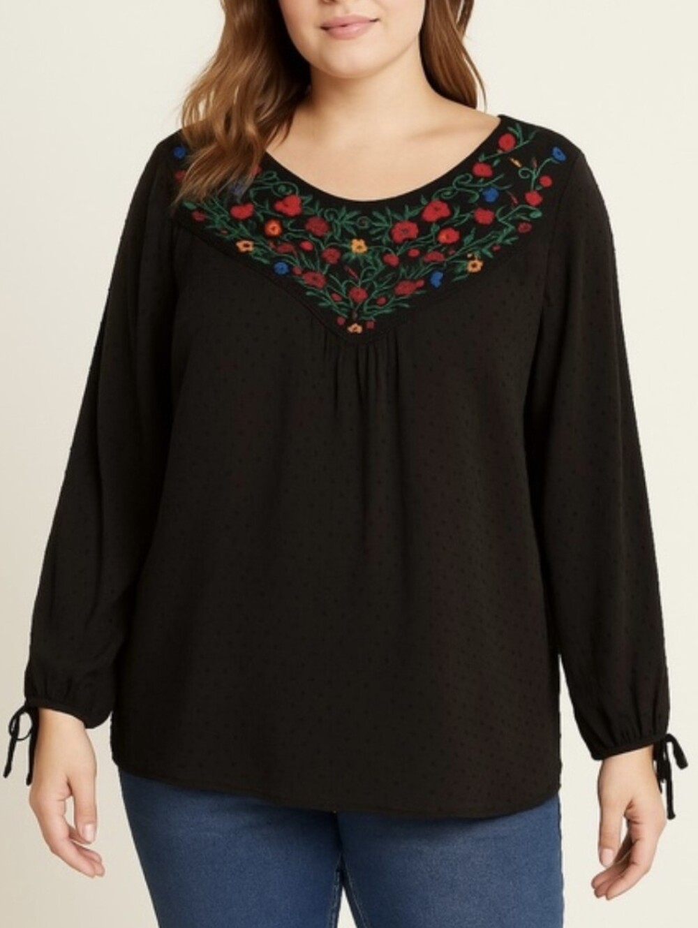 torrid Black Peasant Blouse with Multicolor Floral Embroidery